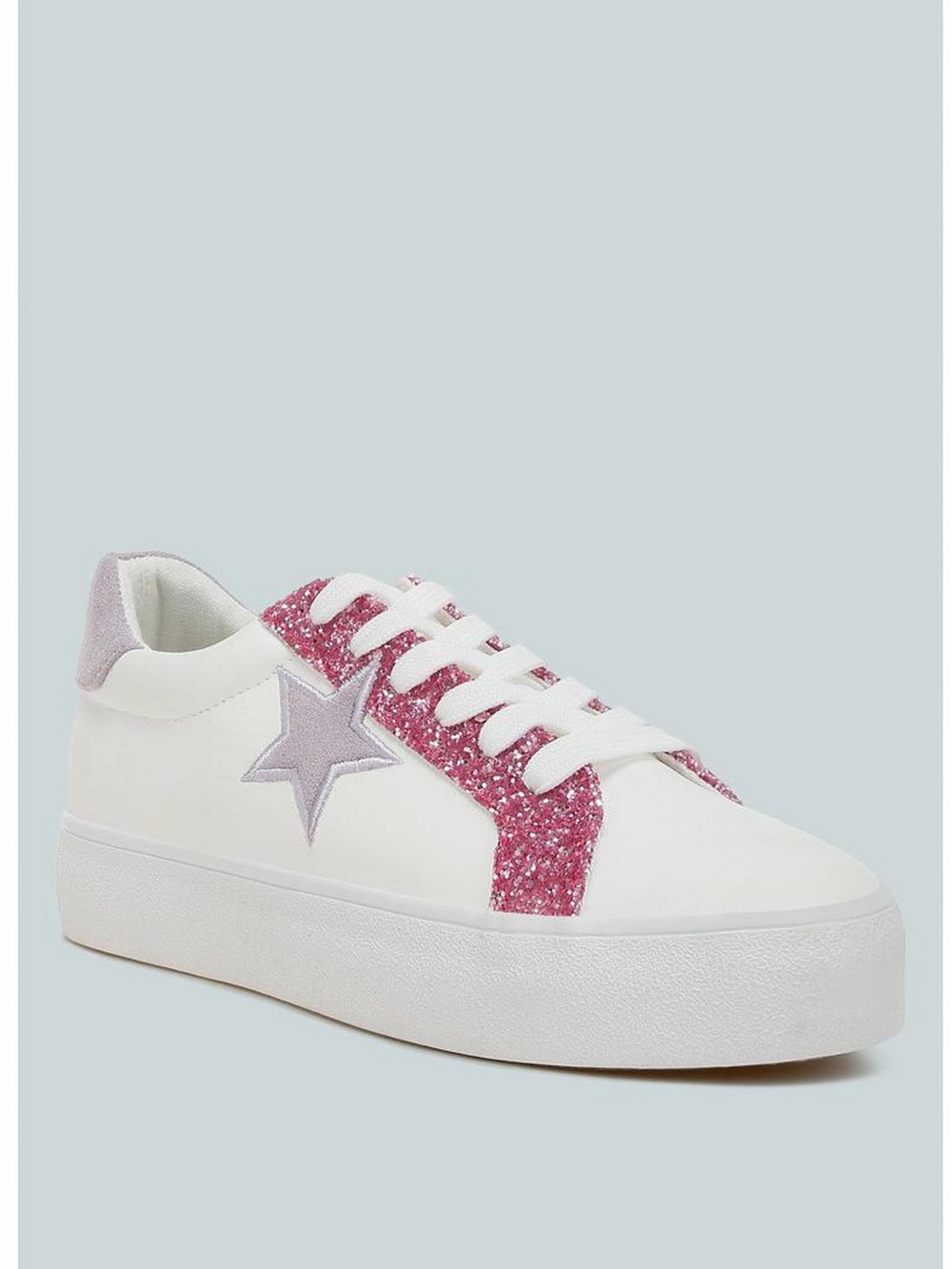 Women’s White Sneakers with Pink Glitter Trim and Lavender Star - Picture 2 of 4